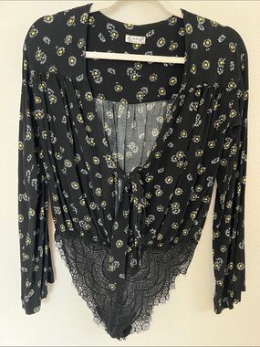 Free People Black Daisy Tie-Front Lace Hem Bodysuit